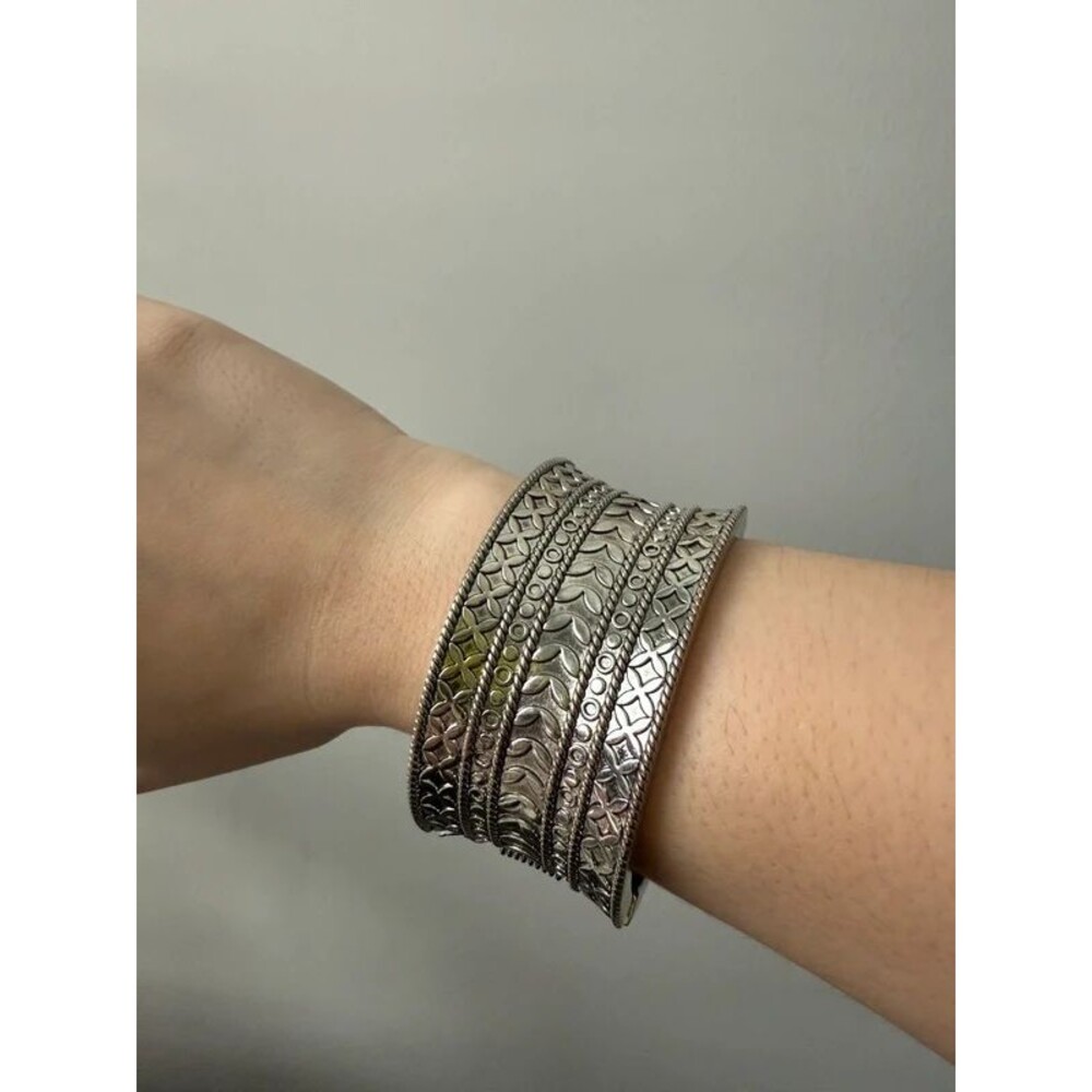 Chunky Silver-Tone Hinged Cuff Bracelet with Tribal Etching